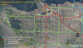 TEAM for a Livable Vancouver’s proposal for a new light rail system in Vancouver, Oct. 5, 2022. Approximate routings only.