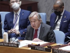 United Nations Secretary-General Antonio Guterres speaks during high level Security Council meeting on situation in Ukraine, Thursday, Sept. 22, 2022 at United Nations headquarters.