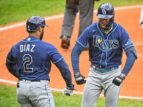 Tampa Bay Rays centre-fielder Jose Siri (22) celebrates his home run with third baseman Yandy Diaz (2) against the Cleveland Guardians in the sixth inning during game one of the Wild Card series for the 2022 MLB Playoffs at Progressive Field. Photo: David Richard-USA Today Sports