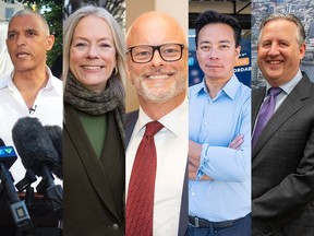 Five of Vancouver's mayoral candidates (clockwise from left): Fred Harding (Non-Partisan Association), Colleen Hardwick (TEAM For A Livable Vancouver), Mark Marissen (Progress Vancouver), Ken Sim (ABC Vancouver), Kennedy Stewart (Forward Together).