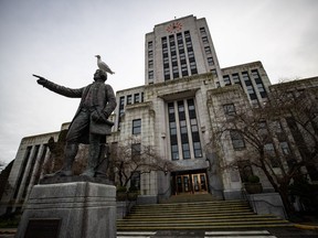 A seagull stands atop a statue of Captain George Vancouver outside Vancouver City Hall, on Saturday, Jan. 9, 2021. Statistics Canada data published last month confirmed that B.C. leads the country as the province with the highest rate of unaffordable homes, due largely to the number of people paying high rents to live in downtown Vancouver. Voters in Vancouver's municipal election have been met with an array of proposed solutions.