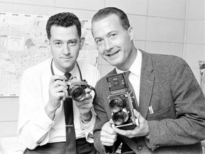 Vancouver Sun photographers Ralph Bower, left, and George Diack and cameras. Picture taken on June 12, 1967, for company magazine after Ralph and George each won monthly photo contests.