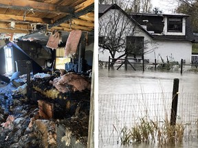 Left, a chimney fire destroyed the Mercier family's Sumas Prairie home on Nov. 14, 2022. Right, flood waters outside of the Mercier family's home on No. 5 Road on Nov. 13, 2021.