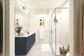 Artist's rendering of a bathroom at Allison in the Rich Navy colour scheme.