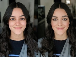 Nadia Albano has created a look that is neutral enough for any occasion, suitable for all ages and easy to recreate. On the left is the model, Justine, before the treatment. On the right is her after.