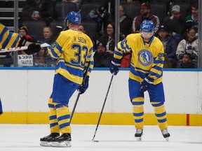 Daniel Sedin and Henrik Sedin during the Hockey Hall of Fame Legends Classic game at the Scotiabank Arena on Sunday, Nov. 13, 2022 in Toronto