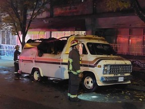 Flames engulfed Neil Magnuson’s motorhome, parked in the DTES on East Cordova Street near Main Street on Sunday, Nov. 13.