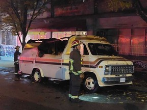 Flames engulfed Neil Magnuson's camper parked at DTES on East Cordova Street near Main Street on Sunday, November 13.