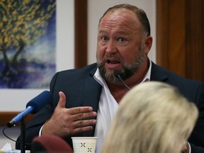 Alex Jones testifies at the Travis County Courthouse during his defamation trial, in Austin, Texas, Aug. 2, 2022.