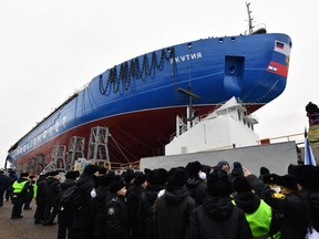 Russia floats out the nuclear-powered ice-breaker Yakutia at the Baltic shipyard in Saint Petersburg on November 22, 2020.