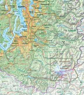 Detail of Jeff Clarke's map of the Salish Sea showing the area from Puget Sound to Mount Rainier.