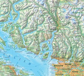 Detail of Jeff Clarke's map of the Salish Sea showing the area from Vancouver to the Sunshine Coast. Note various details such as his SECHELT name in purple for lights representing the nations of the indigenous peoples who traditionally lived there, and Howe for his sound biosphere region in orange. The height of the mountain is in meters.