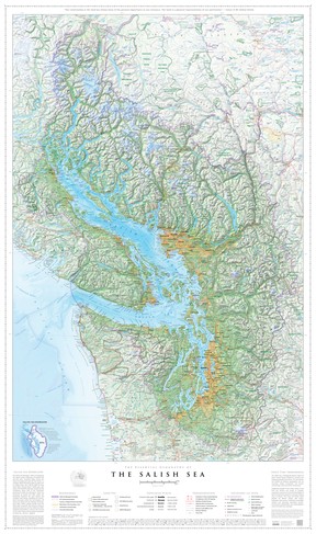 Map of Jeff Clarke of the Salish Sea. The Salish Sea is a biosphere that stretches from the Puget Sound in Washington State to the Pantheon Mountains, which he climbed 300 kilometers up the coast of Vancouver.