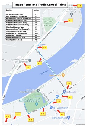 Procession route and traffic control points in Richmond for regimental funeral of RCMP Const. Shaelyn Yang on Wednesday, Nov. 2, 2022.