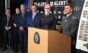 RCMP Corporal Nicolas Laforge speaks to the media at a press conference announcing Project Collector, which saw the dismantling of a professional, transnational money laundering organization on Wednesday, November 23, 2022.
