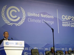 Dr. Hoesung Lee, chair of the IPCC (Intergovernmental Panel on Climate Change), speaks at the COP27 U.N. Climate Summit, Sunday, Nov. 6, 2022, in Sharm el-Sheikh, Egypt.