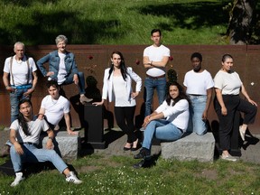 In My Day, a play about the first 15 years of the HIV epidemic in B.C., runs at the Cultch Historic Theatre from Dec. 2-11, 2022. Pictured: cast members Allan Morgan, Jackson Wai Chung Tse, Scott Button, Patti Allan, Sabrina Symington, Alen Dominguez, Issiah Bull Bear, Ivy Charles, and Kelsey Kanatan Wavey. Photo: Tina Krueger Kulic