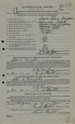Detailed records of Canadian soldiers during the First World War can be found on the Library Canada website. The record for Charles Deane Douglass is 28 pages, although the second s at the Douglas doesn’t show up when you search his name. This is the “attestation paper” when he signed on in Calgary Nov. 14, 1914.