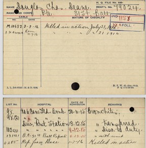The handwritten medical record for Charles Deane Douglass in the First World War.