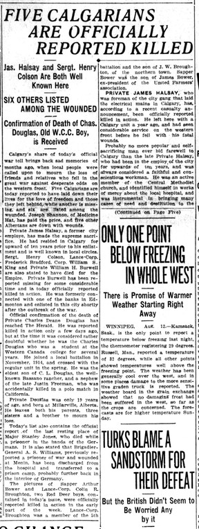 The front page of the Aug. 12, 1916 Calgary Herald features a story on Charles Deane Douglas.