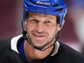 Former Vancouver Canucks defenceman Kevin Bieksa, who signed a one-day contract with the NHL team to officially retire, skated with the team at the start of practice on Nov. 3, 2022. Bieksa was honoured by the team with a retirement celebration prior to their game against the Anaheim Ducks on Thursday night.