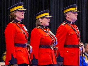 From left to right: Deputy Commissioner Jennifer Strachan (outgoing Commanding Officer), RCMP Commissioner Brenda Lucki, Deputy Commissioner Dwayne McDonald (incoming Commanding Officer) attend a Change of Command ceremony and parade in Langley.