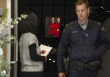 Several dozen people attend a live-broadcast memorial service for RCMP Const. Shaelyn Yang at Willingdon Church in Burnaby, BC Wednesday, November 2, 2022. The main memorial for Yang was being held simultaneously in Richmond, BC. Yang was killed while on-duty October 18 in Burnaby. (Photo by Jason Payne/ PNG)