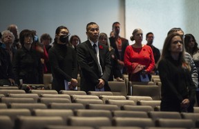 Several dozen people attend a live-broadcast memorial service for RCMP Const. Shaelyn Yang at Willingdon Church in Burnaby, BC Wednesday, November 2, 2022. The main memorial for Yang was being held simultaneously in Richmond, BC. Yang was killed while on-duty October 18 in Burnaby. (Photo by Jason Payne/ PNG)