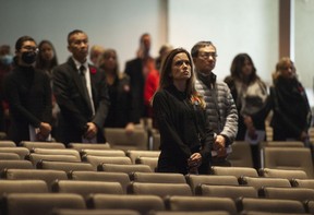 Several dozen people attend a live-broadcast memorial service for RCMP Const. Shaelyn Yang at Willingdon Church in Burnaby, BC Wednesday, November 2, 2022. The main memorial for Yang was being held simultaneously in Richmond, BC. Yang was killed while on-duty October 18 in Burnaby. (Photo by Jason Payne/ PNG)