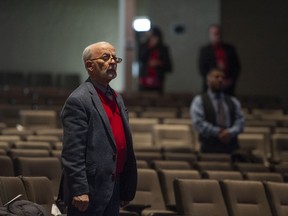 Several dozen people attend a live-broadcast memorial service for RCMP Const. Shaelyn Yang at Willingdon Church in Burnaby, BC Wednesday, November 2, 2022. The main memorial for Yang was being held simultaneously in Richmond, BC. Yang was killed while on-duty October 18 in Burnaby. (Photo by Jason Payne/ PNG)