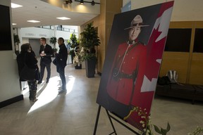 Several dozen people attend a live-broadcast memorial service for RCMP Const. Shaelyn Yang at Willingdon Church in Burnaby, BC Wednesday, November 2, 2022. The main memorial for Yang was being held simultaneously in Richmond, BC. Yang was killed while on-duty October 18 in Burnaby. (Photo by Jason Payne/ PNG)