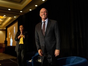 Outgoing Premier John Horgan, on his last day in office, addresses BC Chamber of Commerce at the Pan Pacific Hotel in Vancouver, BC Thursday, November 17, 2022. Horgan was BC's 36th premier and the province's longest-serving NDP MLA. (Photo by Jason Payne/ PNG)