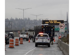The aftermath of Tuesday's brazen robbery in Port Coquitlam that led to a police chase on Highway 1 near the King Edward overpass where the suspects fled on foot.