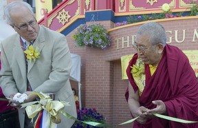 Richmond Mayor Malcolm Brody has held power for 21 years by reaching out to people of all ethnicities, including the 113,000 Chinese residents. Here, Brody cut the ribbon to open a Buddhist monastery on his 5th Street in Richmond.