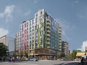 Handout rendering of a building designed by MA+HG Architects with Eskew Dumez Ripple planned for the corner of Main and Cordova Streets in Vancouver.