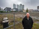 Burnaby Mayor Mike Hurley in front of empty lot planned for affordable housing on Royal Oak near Royal Oak Skytrain Station in Burnaby, BC, November 22, 2022.