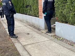 Port Moody police investigate an early-morning shooting in the Klahanie neighbourhood on Nov. 11, 2022. Photo: James Gross