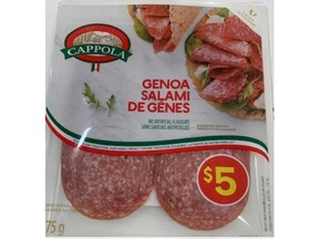 A package of the recalled Cappola brand Genoa Salami is pictured in this image provided by the Canadian Food Inspection Agency.