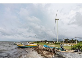Wind turbines along the coast in Jaffna district, northern Sri Lanka.