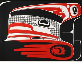 Robert Davidson's T-Silli-AA-Lis, Raven Finned Killer Orca silkscreen on paper from 1983 is one of the items featured at the Vancouver Art Gallery's exhibition Guud sans glans Robert Davidson: A Line That Bends But Doesn't Break November 11 April 26-16, 2023