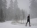 Heavy snow falls as a man jogs on a pathway at Central Park in Burnaby, B.C., on Tuesday, November 29, 2022.