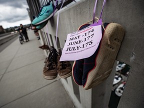 Shoes are hung on the Burrard Bridge in remembrance of victims of illicit drug overdose deaths on International Overdose Awareness Day on Aug. 31.