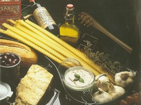 Create an Italian Pasta Basket — use a four-bottle wine basket or other wicker basket — by combining jars of homemade Carrot Artichoke Antipasto and Pesto Cream Sauce along with a bottle of olive oil, crusty loaf of bread, wedge of Parmesan, malfade (narrow, ripple-edged pasta), bottle of Chianti and a package of amaretti cookies.