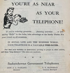 Advertising in old I.O.D.E. cookbook from 1951 for Saskatchewan Government Telephones.