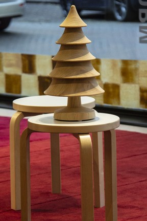 Carved white oak Christmas trees by Italian brand Riva at Inform Interiors.