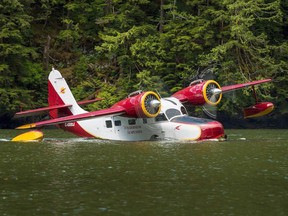 Like Santa's sleigh and sporting the same colours, the Grumman Goose gets presents and people home for the holidays on B.C.'s remote Central Coast. Photo: Bill Campbell