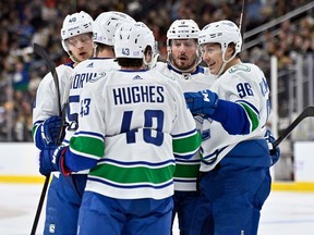 The Vancouver Canucks celebrate a second period power play goal by Andrei Kuzmenko against the Vegas Golden Knights at T-Mobile Arena on Nov. 26, 2022 in Las Vegas, Nevada. Photo: David Becker/NHLI via Getty Images