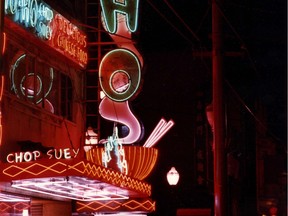 The neon sign for the Ho-Ho Chop Suey restaurant in 1983 at 102 East Pender St.