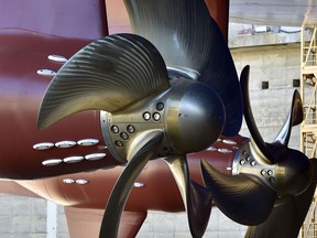 Propellers on a cruise ship under construction have a wavy pattern, one approach to reducing noise from ships.