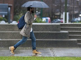 A person carrying an umbrella in the rain.